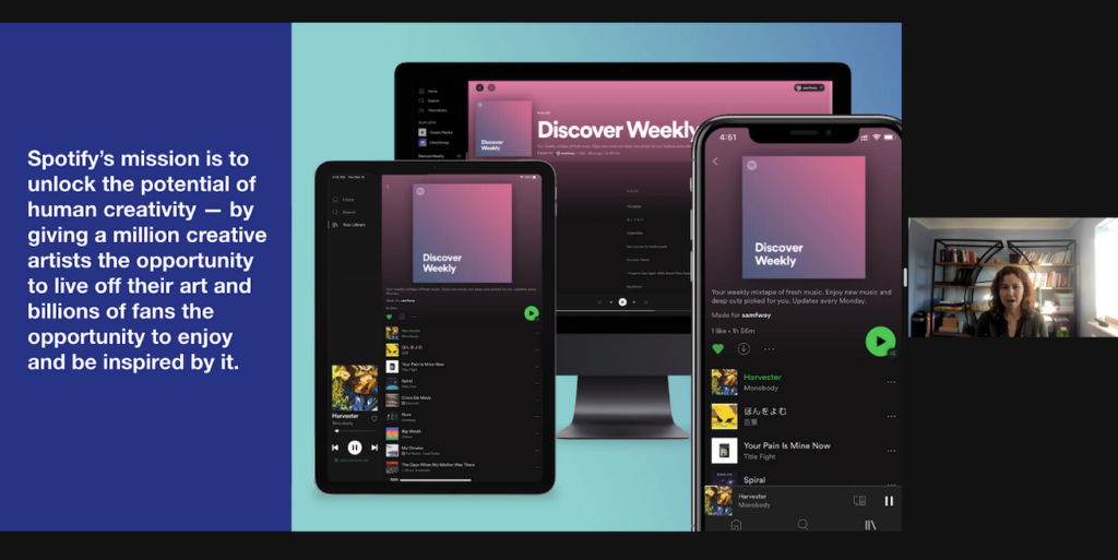 A computer monitor, tablet, and smartphone display Spotify’s Discover Weekly playlist. Text on the left describes Spotify’s mission to unlock human creativity by offering artists a platform and fans the chance to enjoy and be inspired.