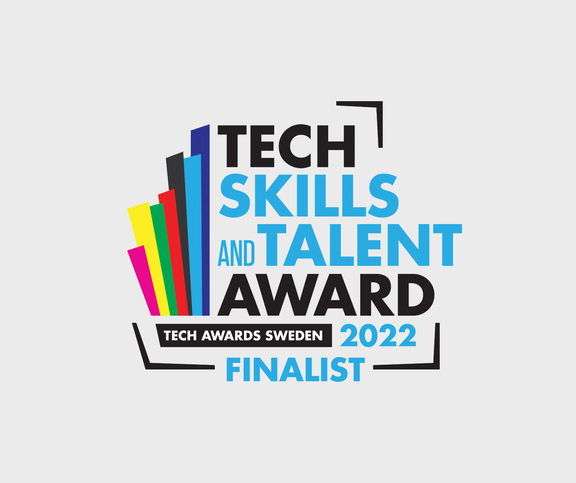 Logo for the Tech Skills and Talent Award, Tech Awards Sweden 2022 Finalist, featuring colourful vertical bars and bold black and blue text on a light background.