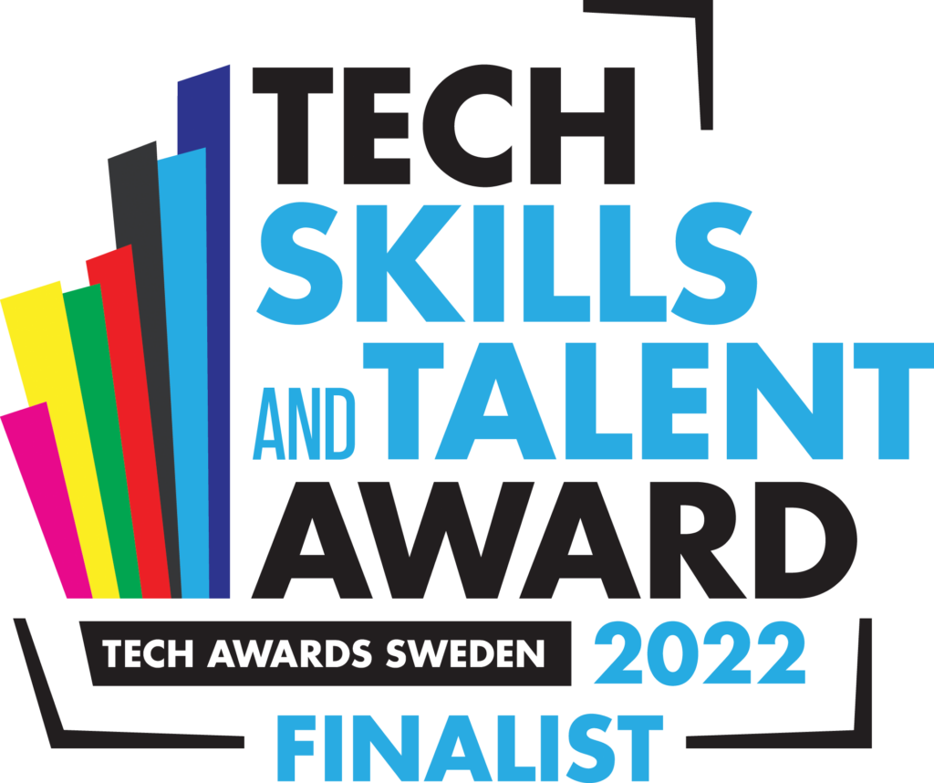 Logo for the Tech Skills and Talent Award, Tech Awards Sweden 2022 Finalist, featuring colourful vertical bars on the left and bold text in black and blue on a white background.
