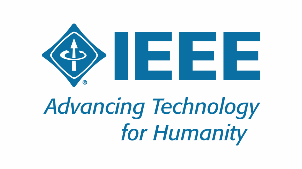 IEEE logo with a diamond-shaped symbol containing a vertical arrow and the IEEE acronym, above the slogan “Advancing Technology for Humanity” in blue text on a white background.