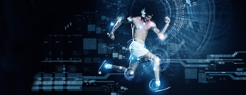 A shirtless male athlete with glowing, futuristic prosthetic limbs is running amid digital and technological graphics, suggesting advanced biomechanics and innovation in sports technology.