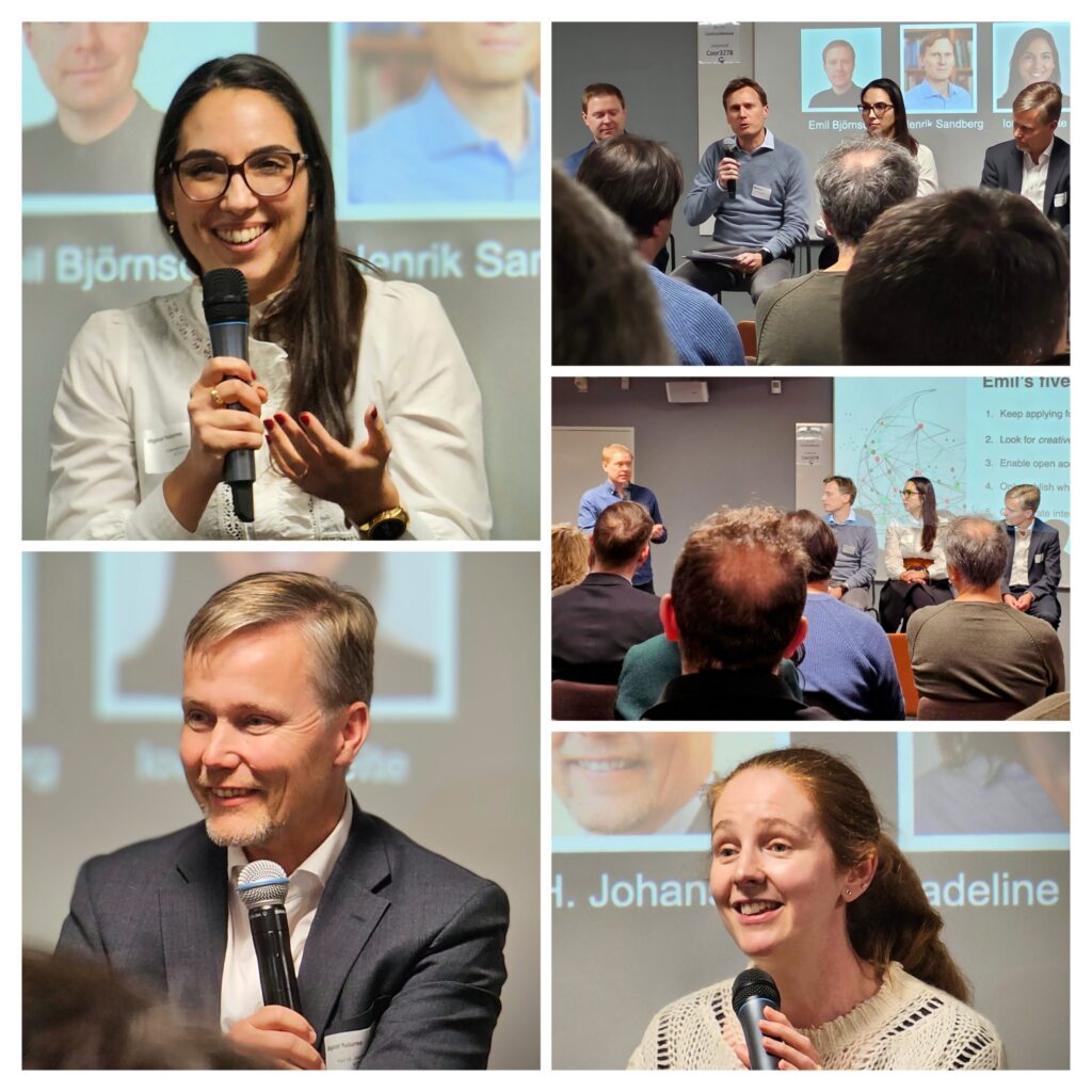 A collage shows speakers and audience members at a panel event: a smiling woman with glasses holds a microphone, a man in a suit speaks, a woman addresses the audience, and panellists answer questions in front of a presentation screen.