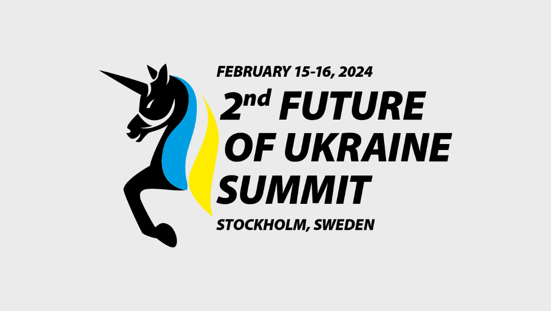 Logo for the 2nd Future of Ukraine Summit, held 15-16 February 2024 in Stockholm, Sweden. A black unicorn with a yellow and blue mane appears next to the event's name in bold black text.