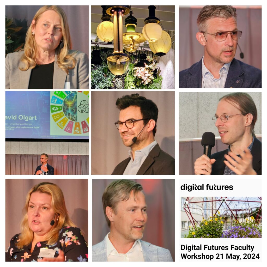 Collage of speakers at the Digital Futures Faculty Workshop on 21 May 2024, featuring men and women presenting, a decorative ceiling lamp, and the Digital Futures event logo.