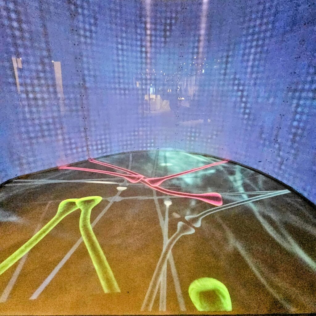 Colourful skeletal shapes are projected onto a curved surface, with blue dots and neon outlines of bones in green, pink, and yellow hues, creating an abstract and immersive visual display.