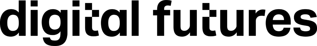 The image shows the words digital futures in bold, black lowercase letters on a light grey background.