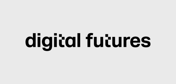 Black bold text reading digital futures on a light grey background.