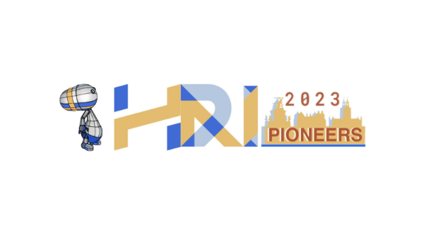 A robot mascot stands next to the text HRI 2023 Pioneers, which features a stylised skyline of buildings and a blue and gold geometric design.