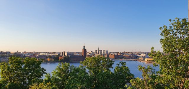 A panoramic view of a city skyline with a large body of water in the foreground and leafy green trees framing the scene; the sky is clear and blue.