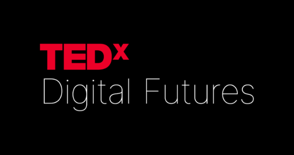 Logo with bold red text TEDx above thin white text Digital Futures on a black background.
