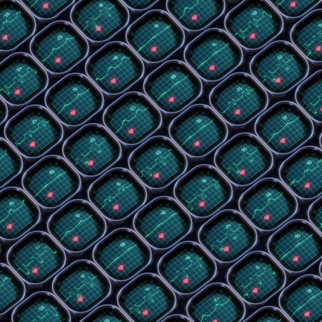 A pattern of small, vintage-style monitors displaying green grid screens with pink heart shapes, arranged closely in a diagonal, repeating layout.