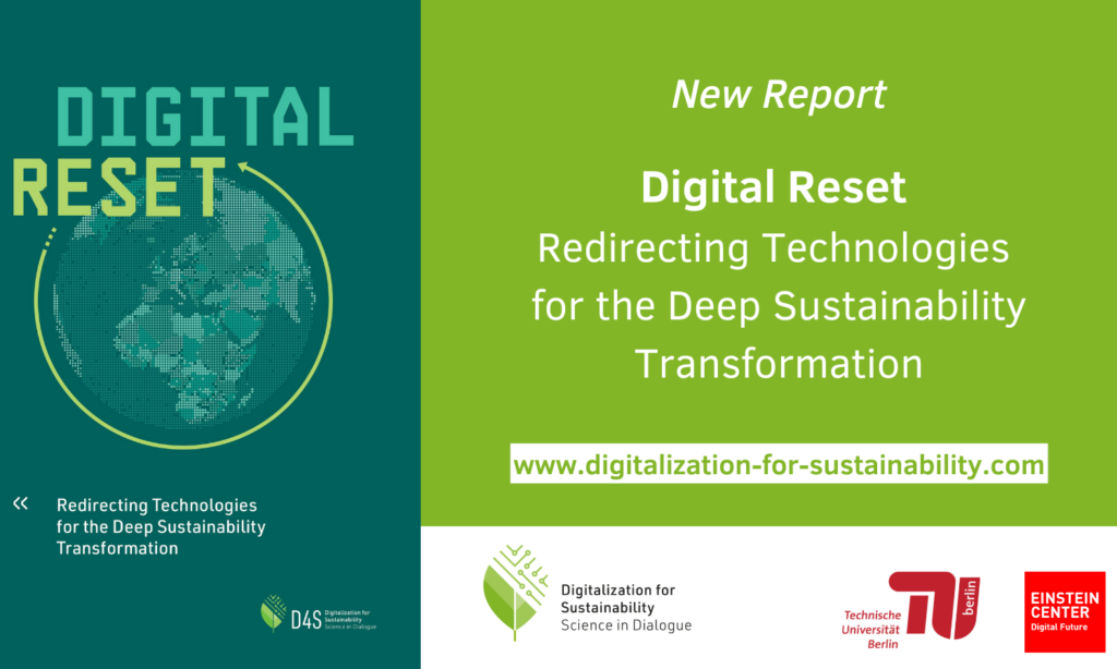 An image promoting the Digital Reset report on redirecting technologies for deep sustainability transformation, featuring a globe on the left and publication details with logos on a green background to the right.