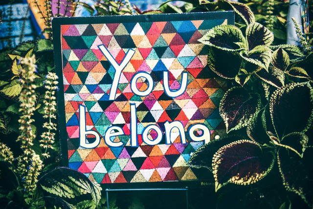 A colourful sign with a geometric triangle pattern reads “You belong.” It is surrounded by green leafy plants.