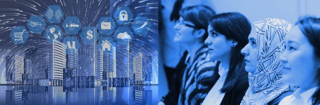 A group of women attentively listen in a seminar; beside them, a digital illustration shows skyscrapers with AI and technology icons above, symbolising smart city innovation.