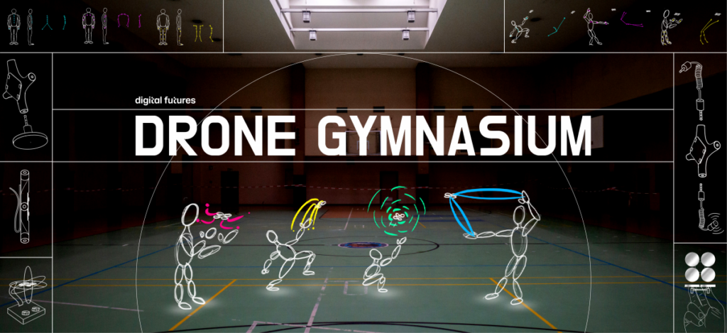 A gymnasium scene with digital stick figures interacting with colourful hoops and drones. The text DRONE GYMNASIUM is centred, with doodles of athletic poses and drone elements framing the image.