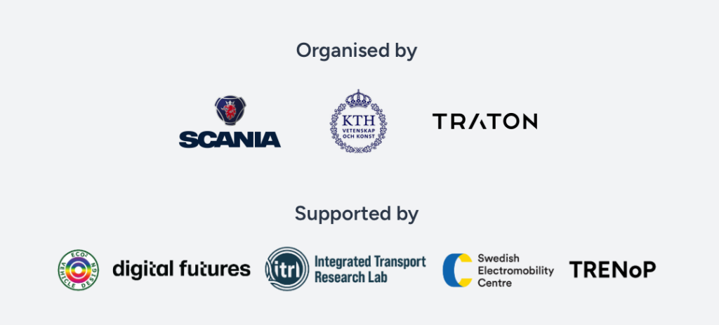 Logos of Scania, KTH Royal Institute of Technology, and TRATON under “Organised by”, and logos of Digital Futures, Integrated Transport Research Lab, Swedish Electromobility Centre, and TRENoP under “Supported by”.