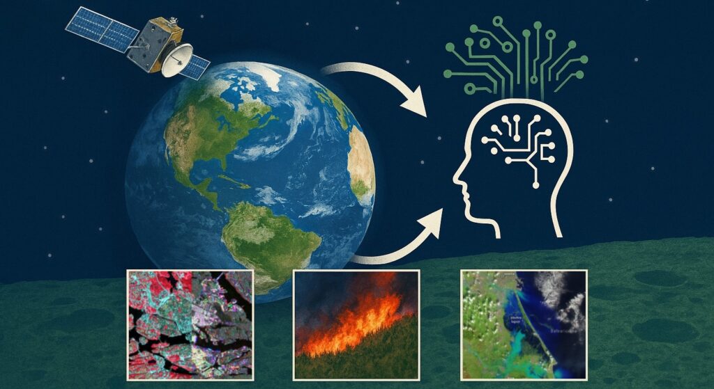 Illustration of a satellite orbiting Earth, arrows pointing between the planet and a human head with circuit lines, plus three small images showing urban areas, a wildfire, and a coastal zone seen from above.