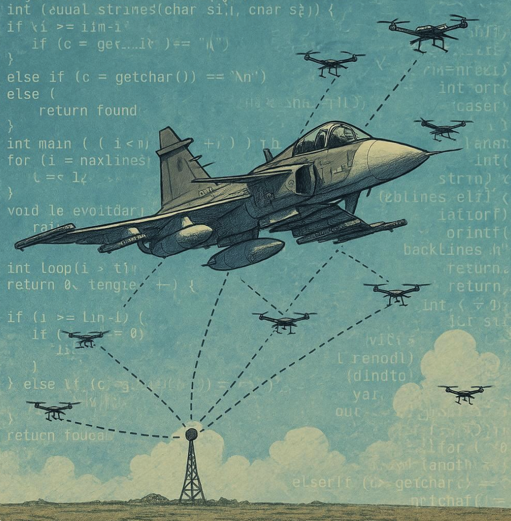 A military fighter jet flies above an aerial, with dotted lines connecting it to the aerial and several drones. Computer code overlays the sky, blending technology and military imagery.
