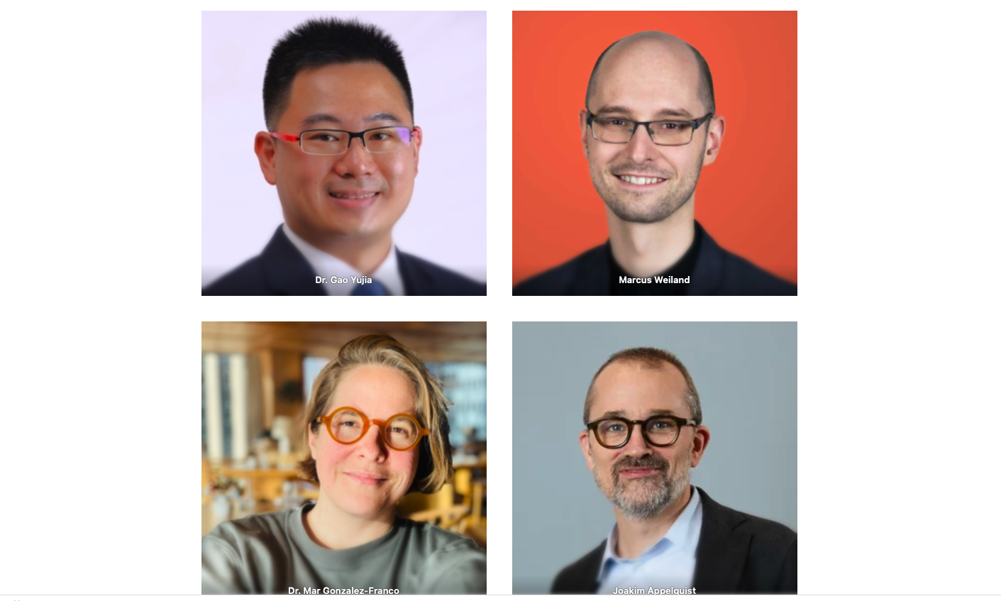 A 2x2 grid of professional headshots featuring two men in the top row and one woman and one man in the bottom row, each smiling at the camera with their names labelled.