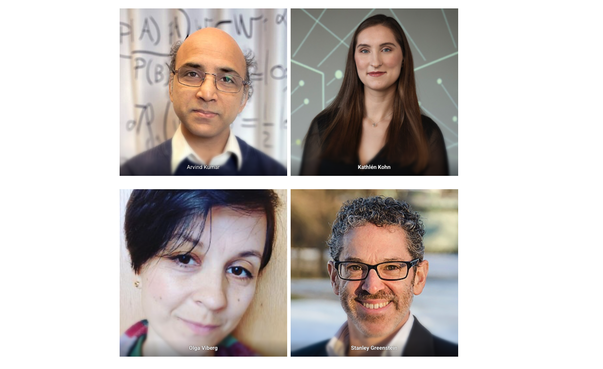 A collage of four headshots: Arvind Narayanan in front of a whiteboard, Kathrin Kohn in front of a geometric background, Olga Viseriy with a soft-focus background, and Stanley Greenstein smiling outdoors.