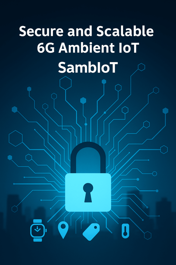 Graphic showing a large lock icon surrounded by circuit lines and IoT device icons, such as a smartwatch, map pin, thermometer, and smart home, with the text Secure and Scalable 6G Ambient IoT SambIoT above.