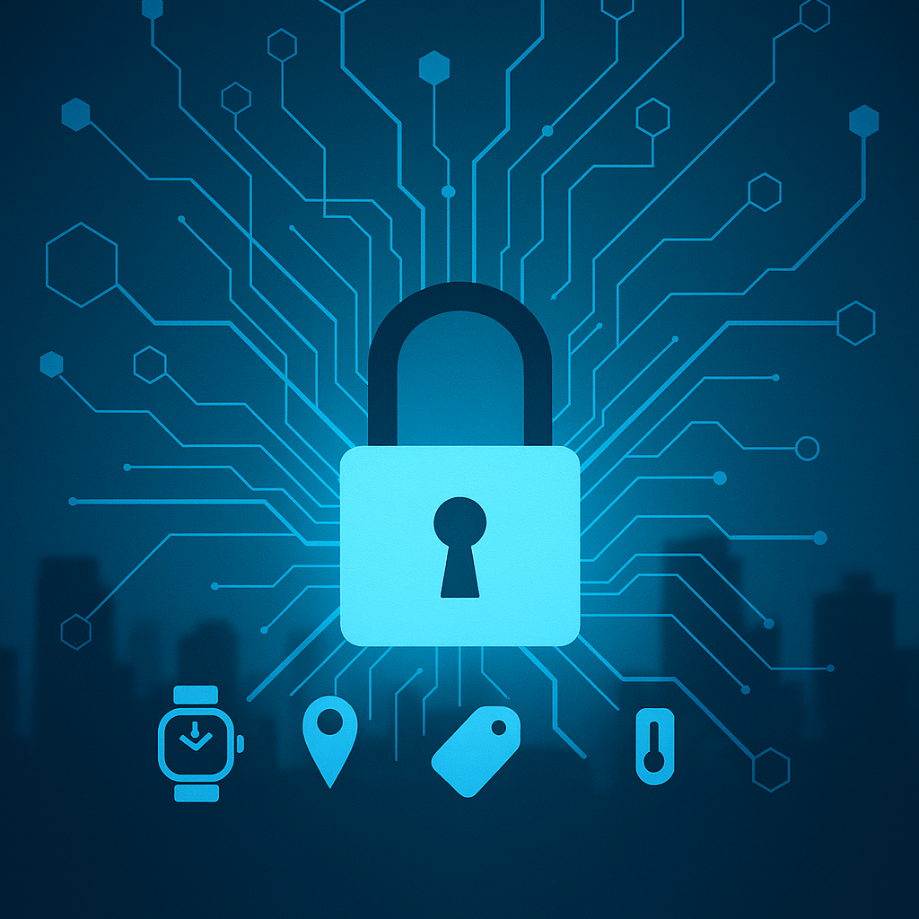 A graphic showing a padlock with digital circuit lines connecting to IoT device icons, with the text Secure and Scalable 6G Ambient IoT SambIoT above on a dark blue background.