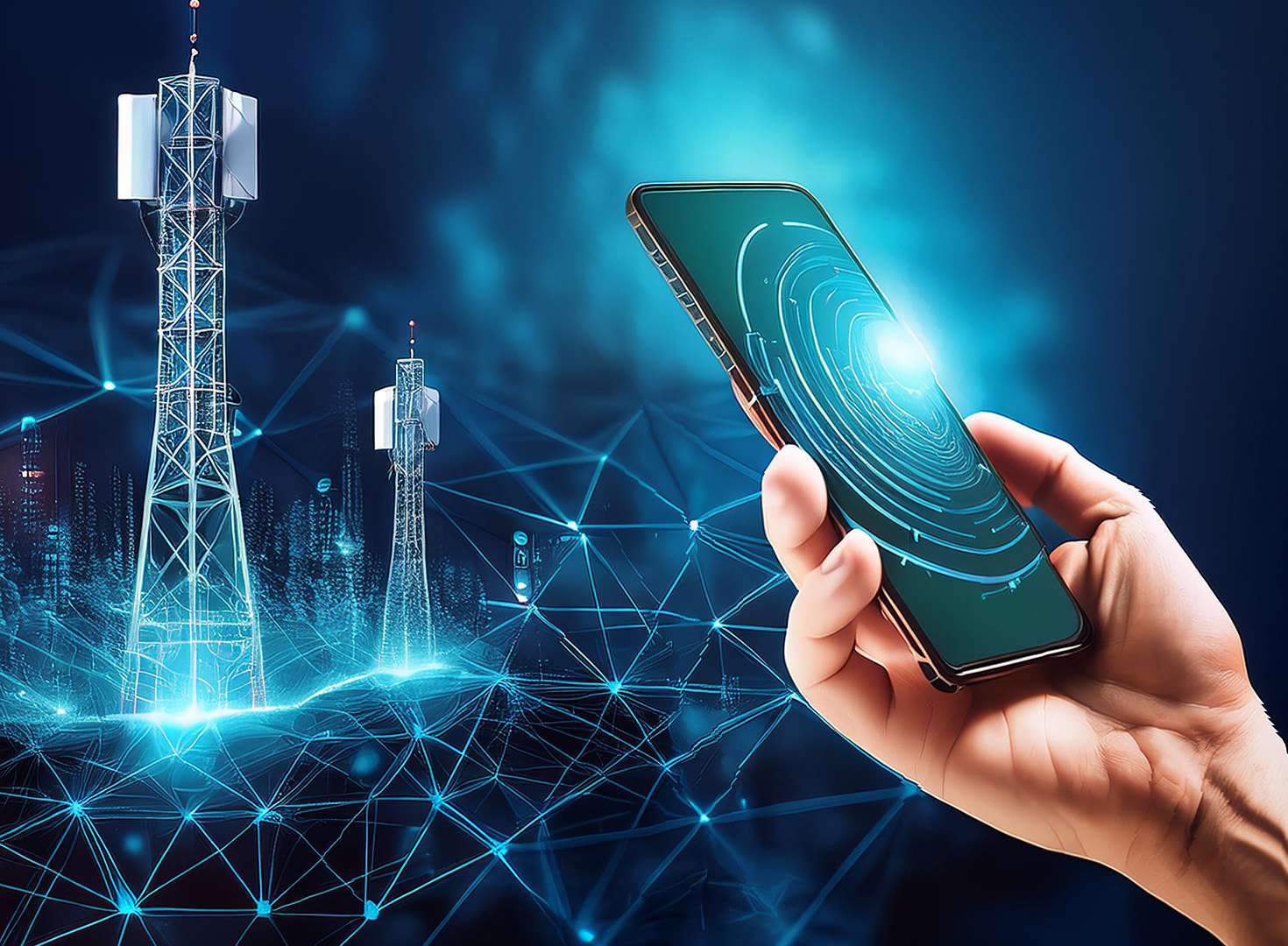 A hand holds a mobile phone emitting digital signals, with glowing lines connecting to nearby mobile masts, symbolising wireless communication and network connectivity. The background is dark blue with a futuristic, technological theme.