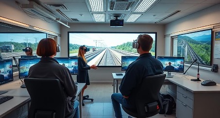 Three people wearing headsets sit in a modern control room with large monitors and a panoramic screen showing railway tracks, while a woman stands and gestures towards the display.