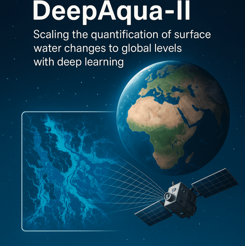 A satellite orbits Earth, capturing data on surface water changes. Text reads, DeepAqua-II: Scaling the quantification of surface water changes to global levels with deep learning.
