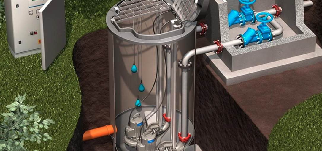 A 3D illustration of a sewage pumping station, showing underground pumps, connected pipes and valves, with water droplets indicating flow; control panel and pipework are visible above ground.