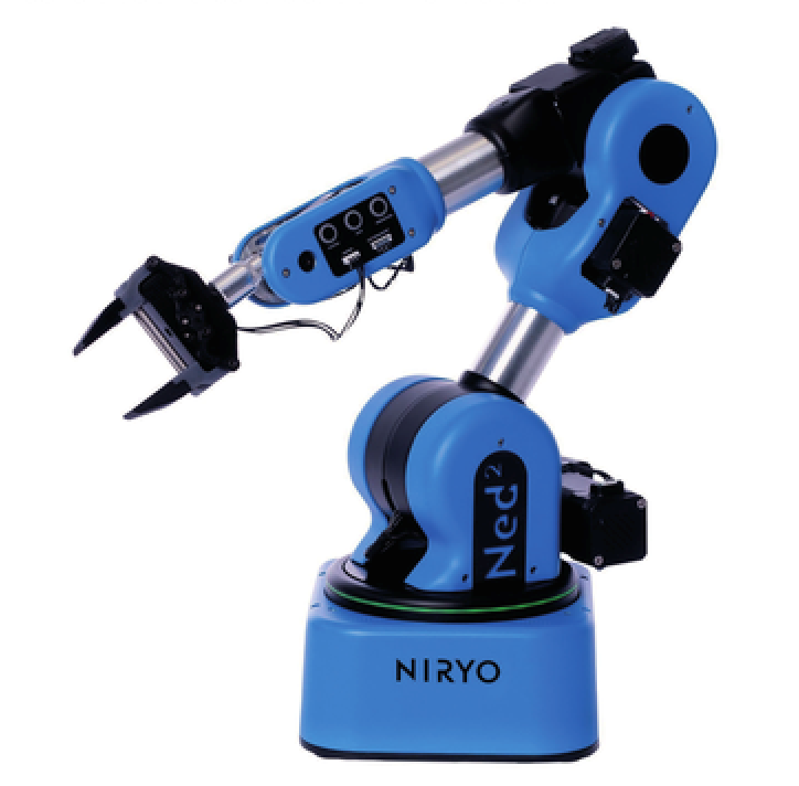 A blue Niryo Ned2 robotic arm with a claw-like gripper, joints, and visible wiring, designed for tasks such as automation or education, set against a white background.