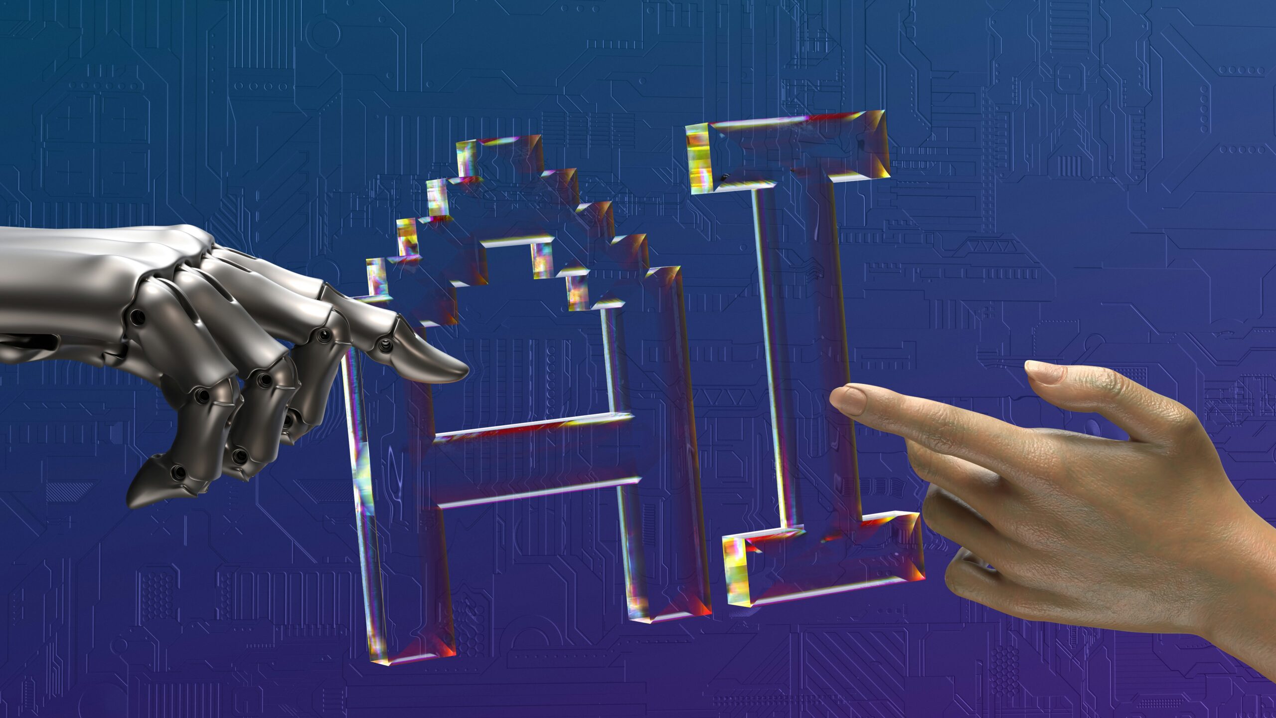 A metallic robot hand and a human hand reach towards each other, with the letters AI made of glass-like material between them, set against a blue tech-inspired background.