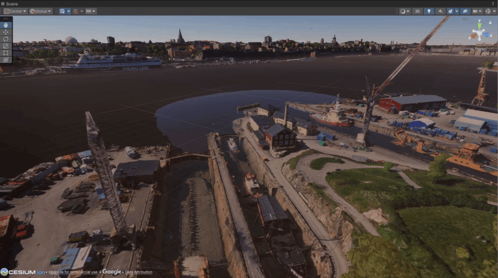 A 3D digital rendering of a shipyard and harbour area, showing docks, cranes, ships, and various buildings near the water, with a cityscape and a large cruise ship visible across the river.