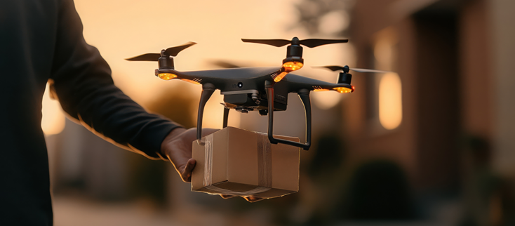 A person holds a small cardboard box being carried by a drone with orange lights, outdoors at sunset, suggesting drone delivery service.