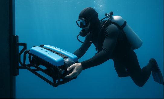 A scuba diver underwater, wearing full diving kit, operates a blue underwater drone or remotely operated vehicle near a vertical structure.