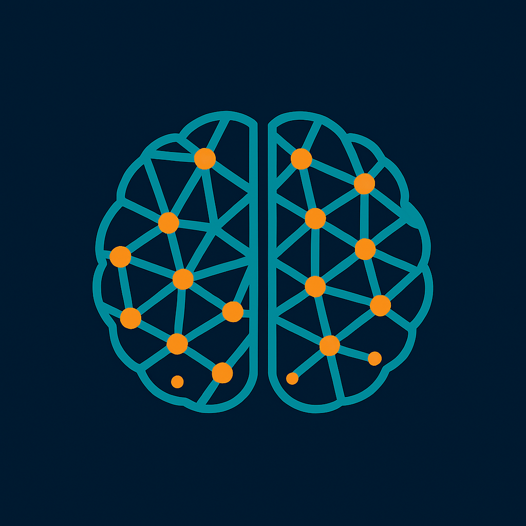 A stylised graphic of a brain outlined in teal with interconnected orange dots representing neural connections on a dark blue background.