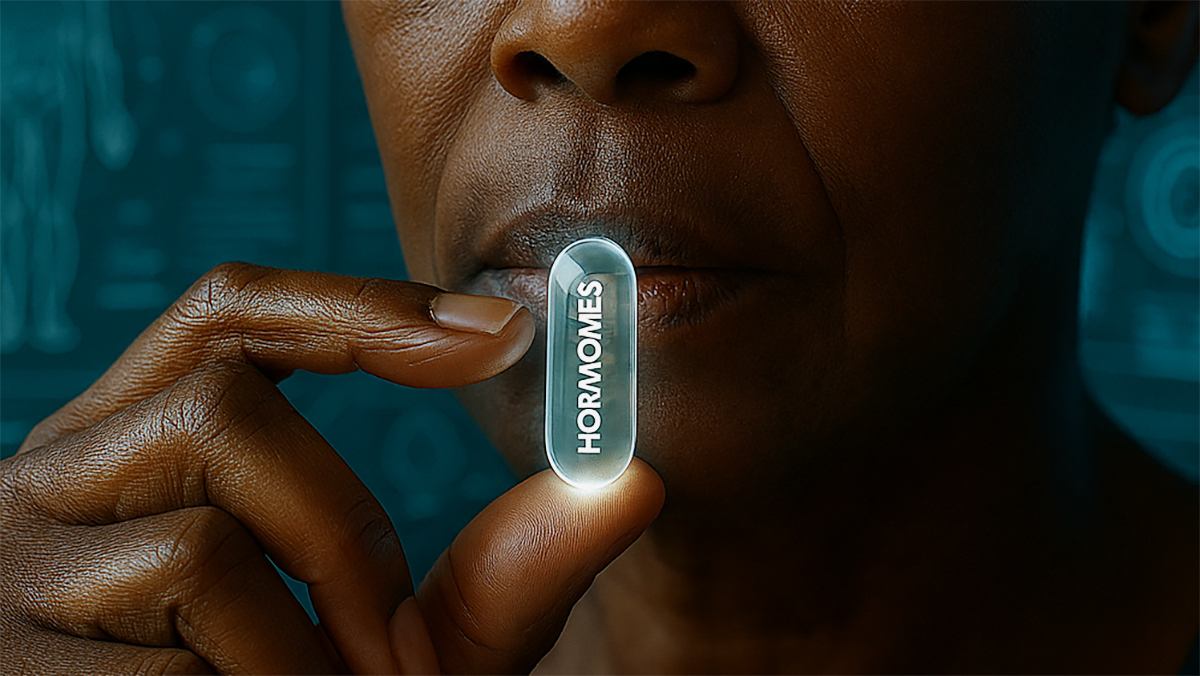 A person holds a large translucent pill labelled “HORMONES” close to their lips, preparing to take it. The background is blue and slightly blurred, with faint scientific or medical diagrams visible.