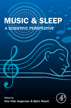 Book cover for Music & Sleep: A Scientific Perspective, featuring a stylised outline of a sleeping person with a treble clef and abstract sound waves. Edited by Kira Vibe Jespersen and Björn Rasch.