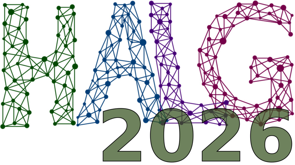 The image shows the text “HALG 2026” with “HALG” written in large, colourful, network-style letters made of connected dots, and “2026” in bold, solid green numbers overlapping the bottom.