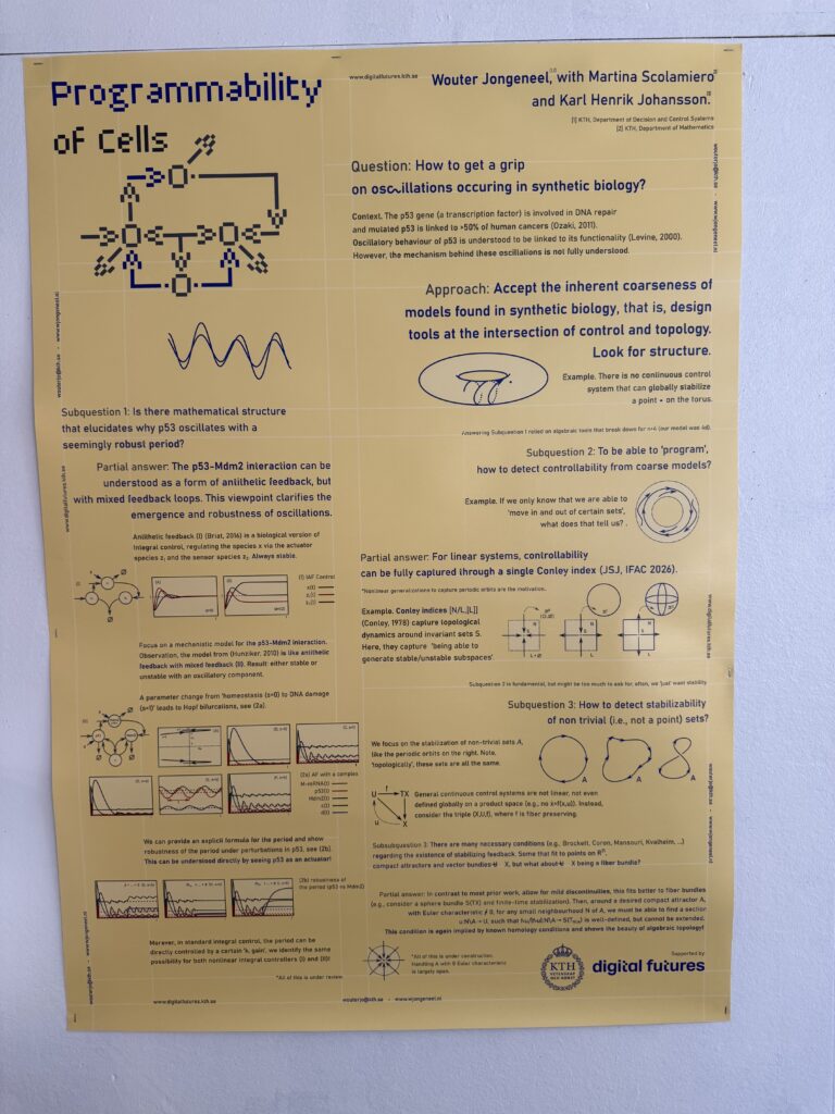 A yellow research poster titled Programmability of Cells discusses models in synthetic biology, featuring text, diagrams, graphs, equations, and a signed circular sketch in the centre. Logos appear at the bottom.