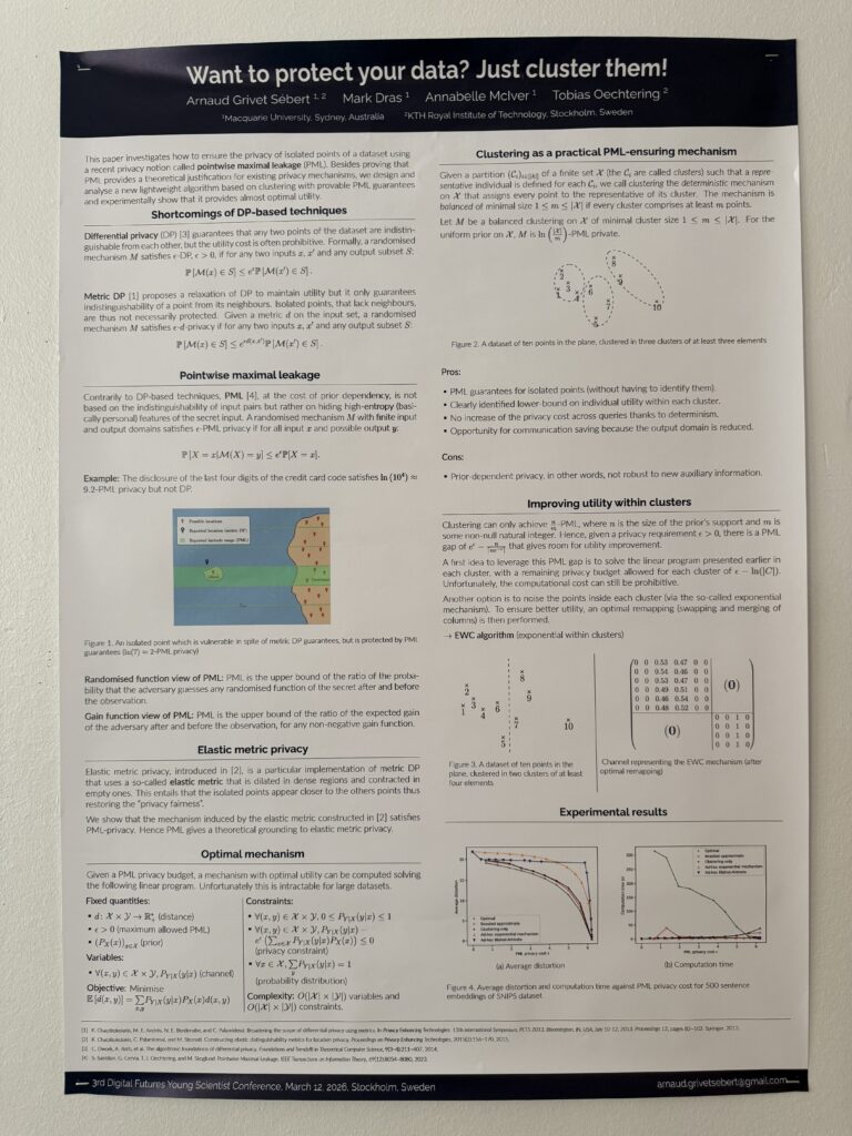 A research poster titled Want to protect your data? Just cluster them! discusses clustering as a privacy-enhancing method, presenting mechanisms, mathematical formulae, a diagram, results graphs, and author information.