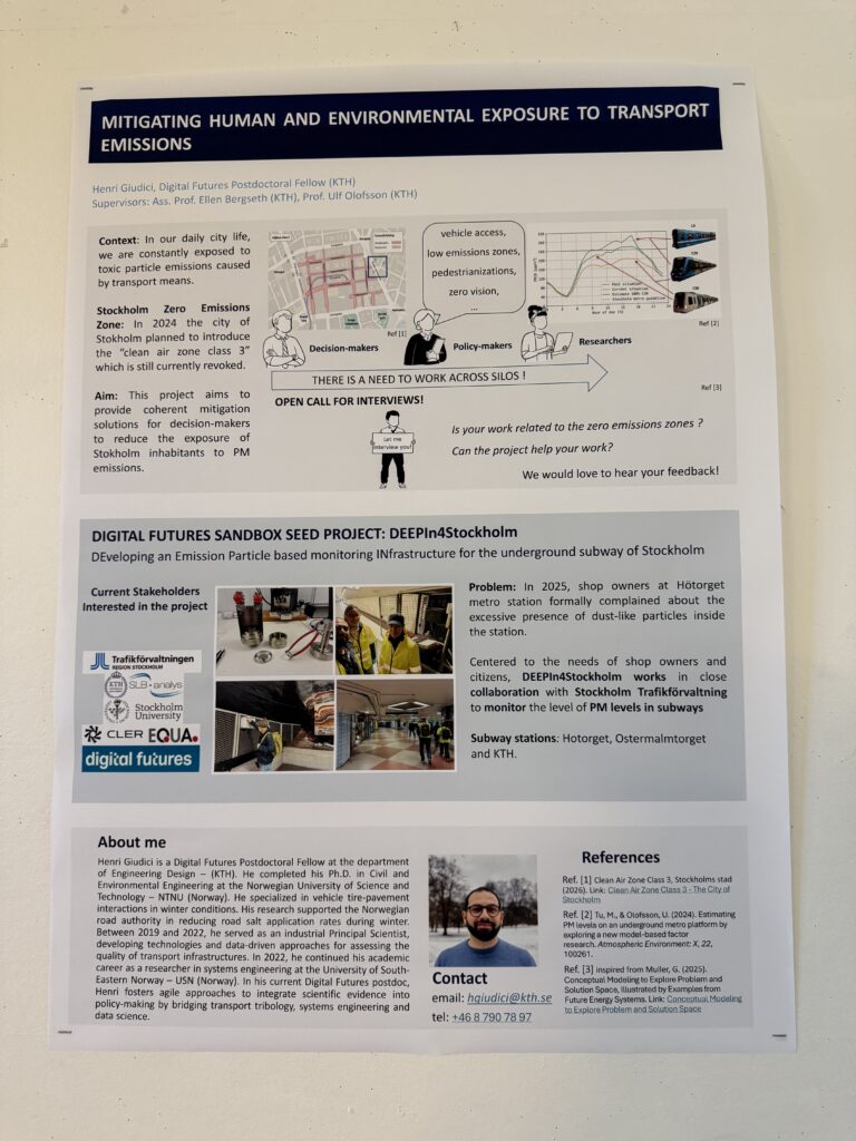 A research poster describes projects on mitigating transport emissions and monitoring underground pollution in Stockholm. It features charts, photos of researchers, text blocks, and contact information.