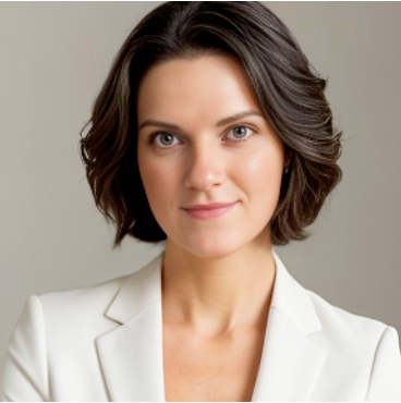 A woman with short brown hair, wearing a white blazer, looks confidently at the camera against a plain, light background.