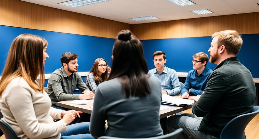 A group of seven young adults sit around a table in a classroom, engaged in discussion. They appear focused and attentive, with notebooks and papers in front of them. The room has blue walls and bright ceiling lights.