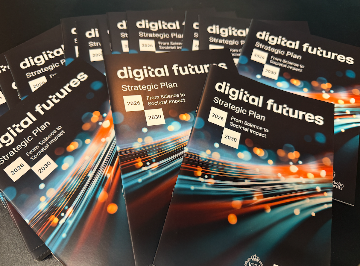 A stack of brochures titled digital futures Strategic Plan: From Science to Societal Impact 2026-2030, featuring a dark cover with colourful, blurred light streaks.