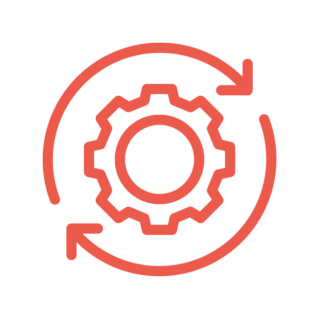 Red gear icon with two circular arrows surrounding it, symbolising process, settings, system update, or Working Groups collaboration, on a light grey background.