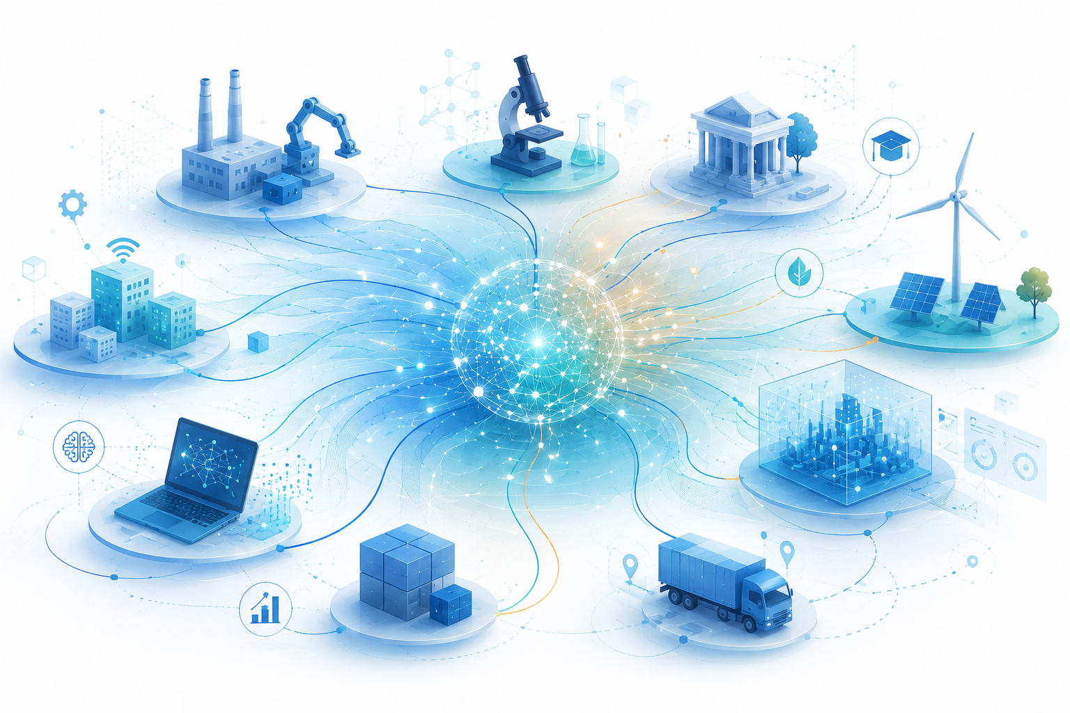 A digital network connects icons representing factories, robotics, science, education, renewable energy, logistics, shipping, smart cities, and data analysis, symbolising interconnected modern industries and technologies.