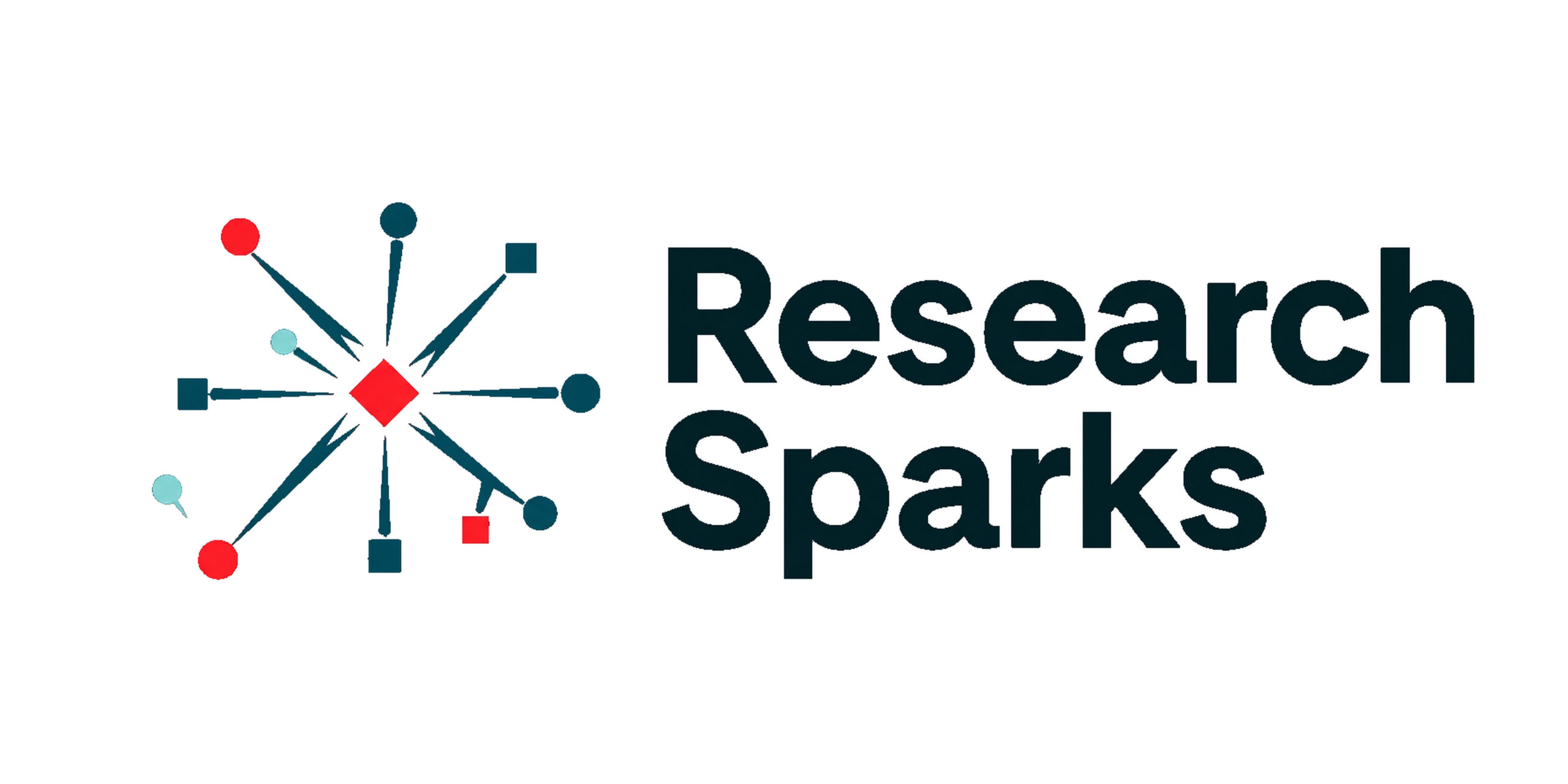 Logo for Research Sparks with abstract lines radiating from a central red diamond, connecting to circles and squares, symbolising ideas or connections. Text Research Sparks is in bold, dark font on the right.