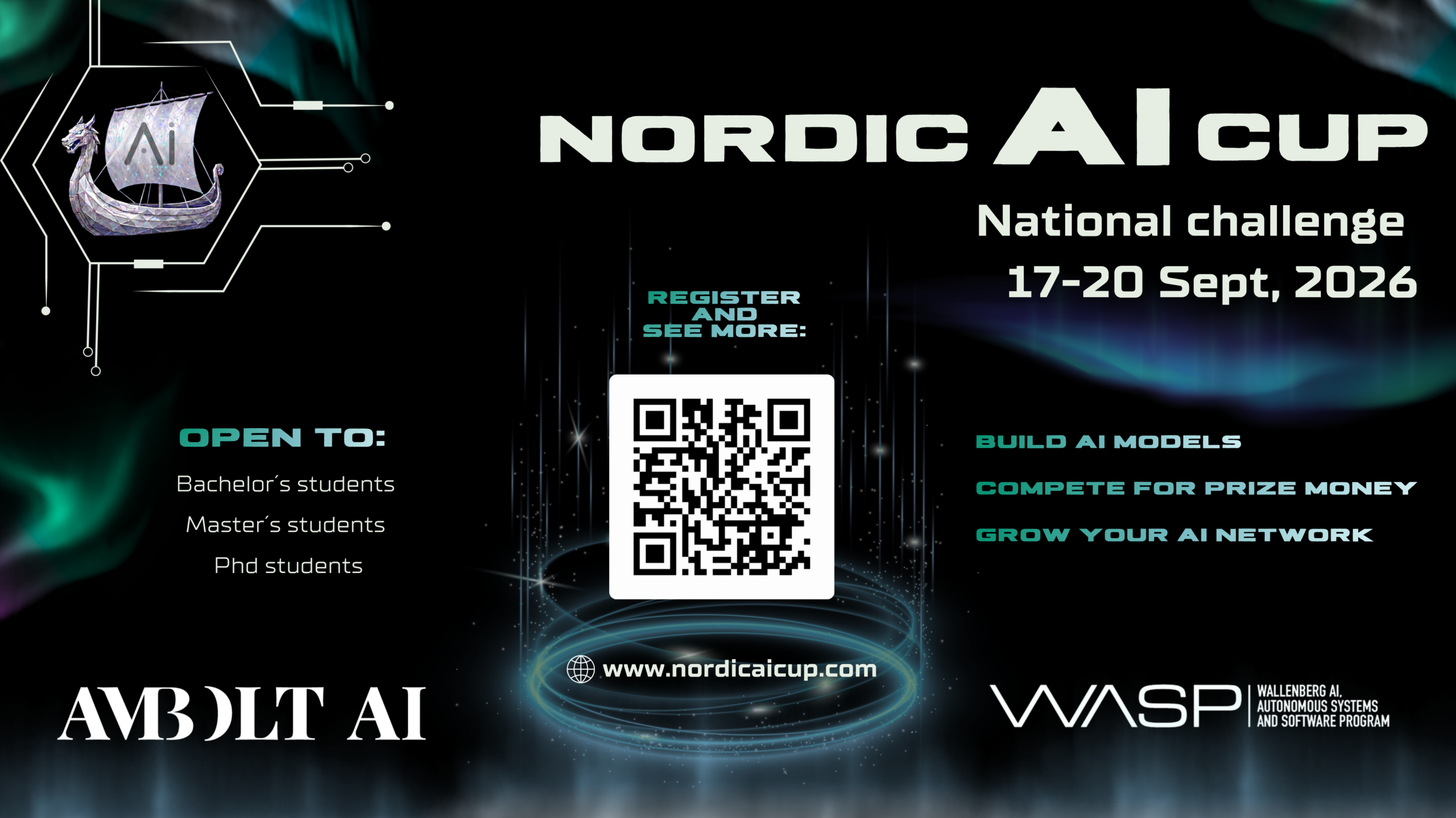 Poster for Nordic AI Cup (17-20 Sept 2026). Open to Bachelors, Masters, and PhD students. Includes a QR code and logos for Ambolt AI and WASP. Text encourages building AI, competing, and networking.