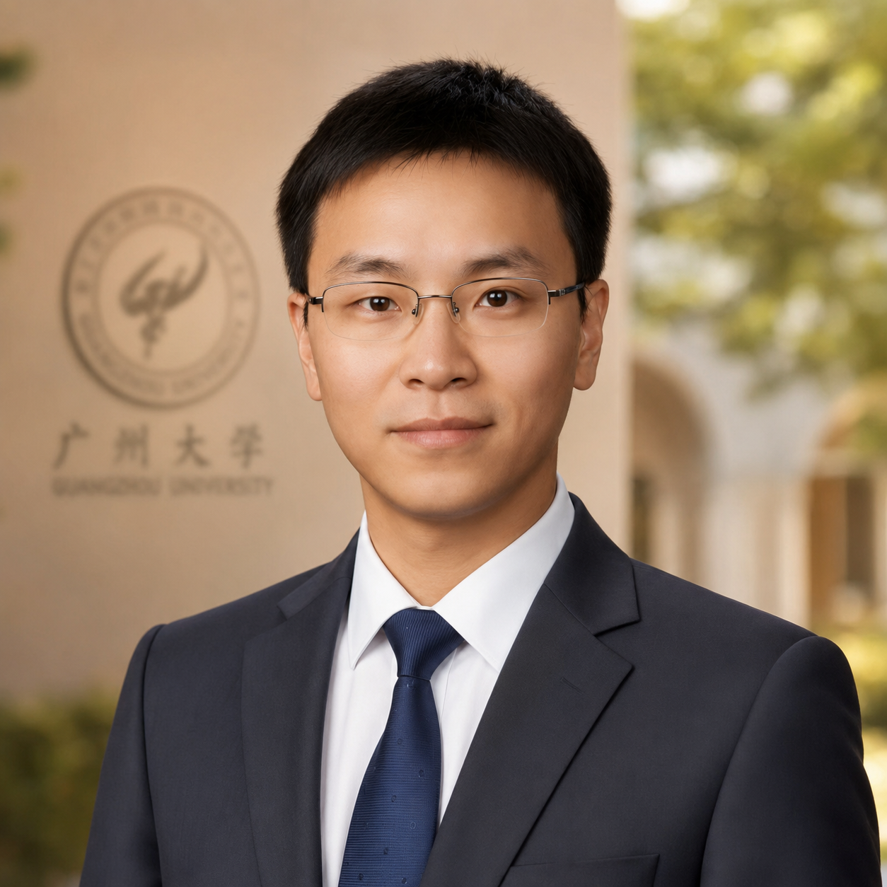 A man in a suit and tie stands outdoors, wearing glasses and smiling slightly. Behind him is a building with the Guangdong University logo and Chinese characters on the wall. Trees are visible in the background.